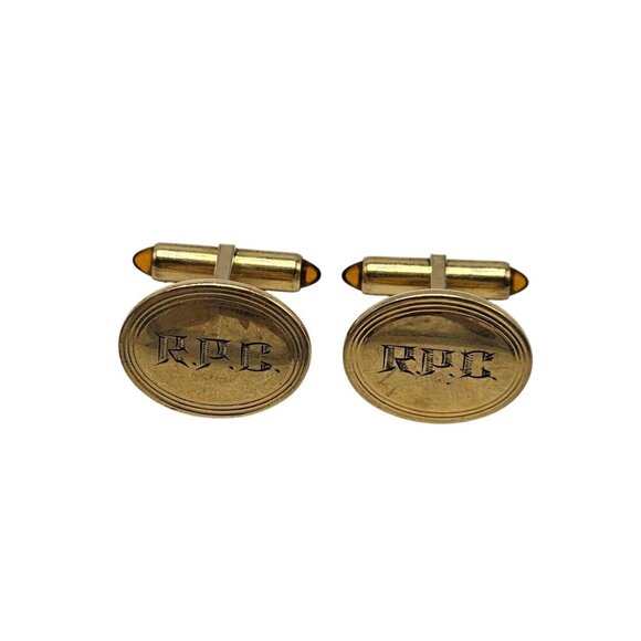 Vintage Krementz Gold-Filled Oval Cufflinks With Amber Tips & Monogrammed "RPC" - Picture 1 of 5